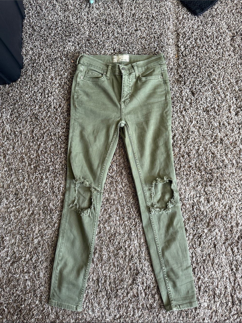 Free People Olive Green Skinny Jeans with Button Closure